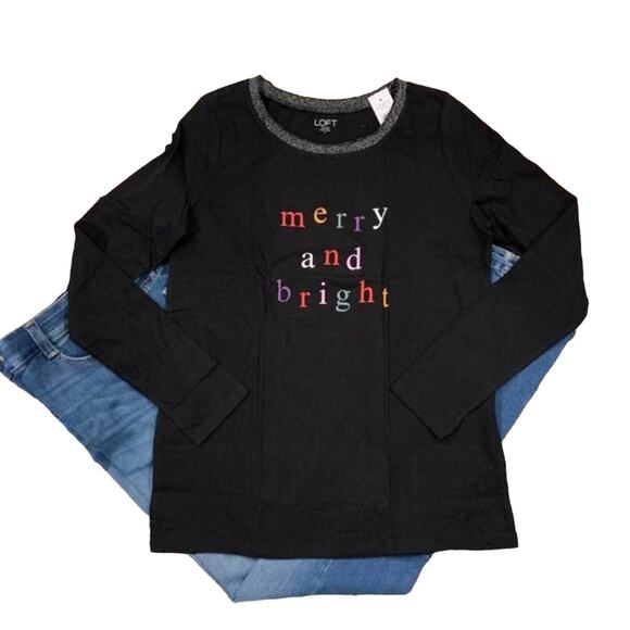 NWT LOFT Black W/Christmas Merry and Bright Graphic Long Sleeve Tee - Picture 1 of 10